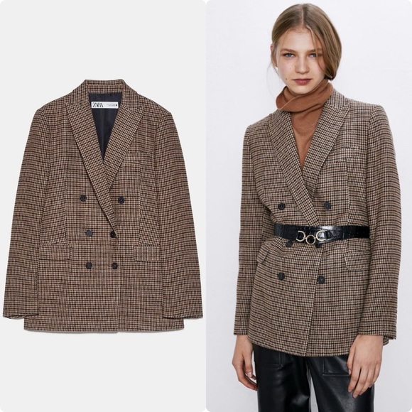 Zara Jackets & Blazers - Zara Double Breasted Brown Houndstooth Wool Blend Blazer